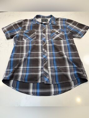 Men's Plaid Short-Sleeve Button-Down Shirt - Blue & Black size XL